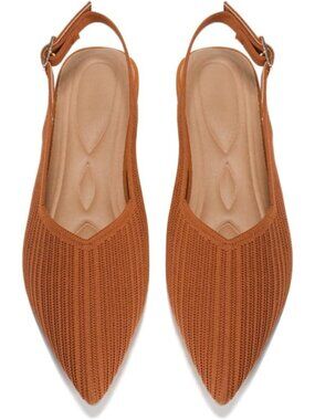 Women's Brown Pointed Toe Knit Ballet Flats with Adjustable Ankle Strap Shoes